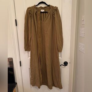 XiRENA Olive Long Sleeve Dress with ruffled sleeves and belt